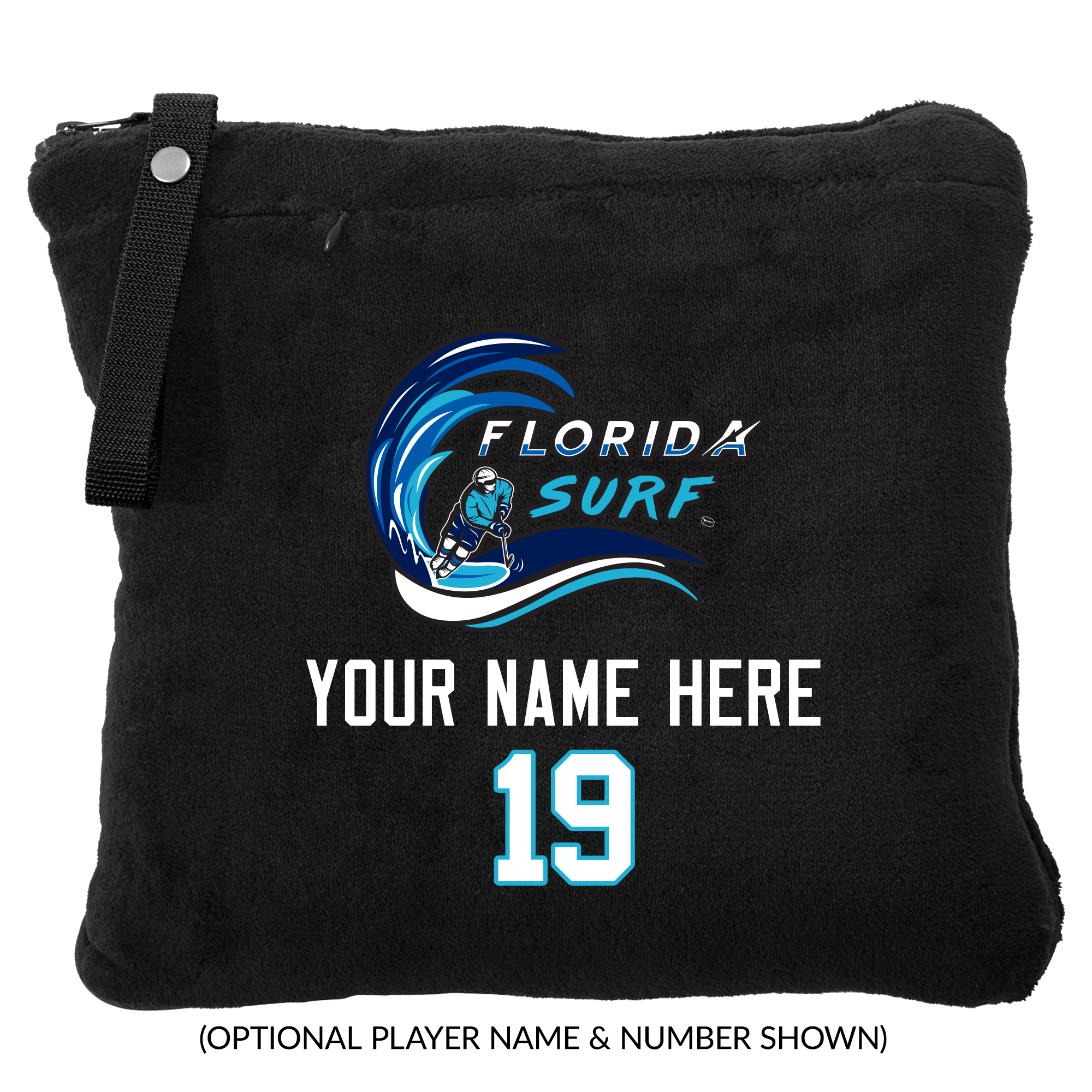 Florida Surf packable travel blanket, customized, black